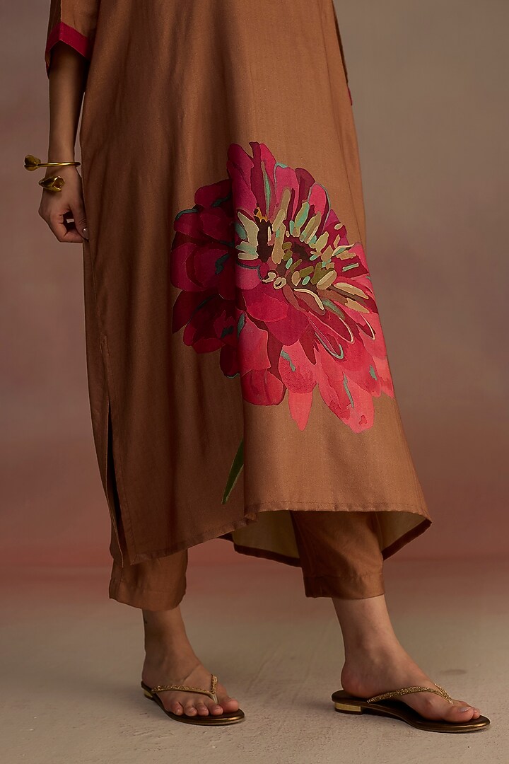 Brown Silk Wool Watercolor Hand-Drawn Floral Printed A-Line Kurta Set by Roza Pret at Pernia's Pop Up Shop