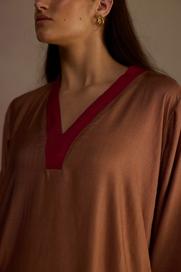 Brown Silk Wool Watercolor Hand-Drawn Floral Printed A-Line Kurta Set by Roza Pret at Pernia's Pop Up Shop