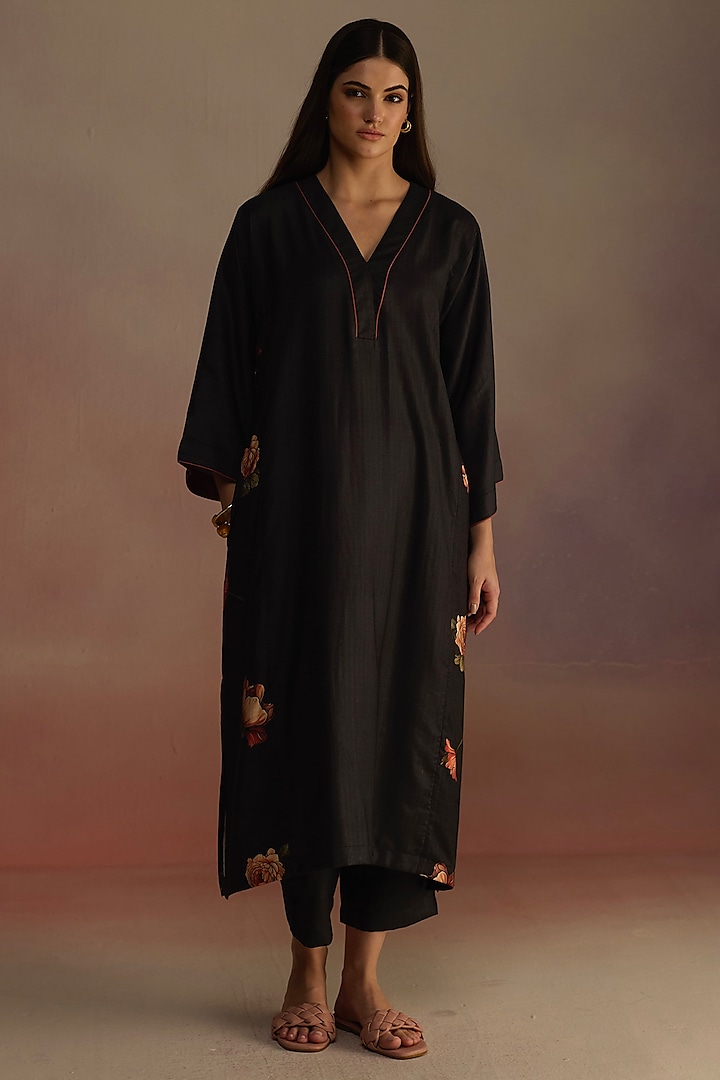 Charcoal Silk Wool Watercolor Hand-Drawn Floral Printed A-line Kurta Set by Roza Pret at Pernia's Pop Up Shop