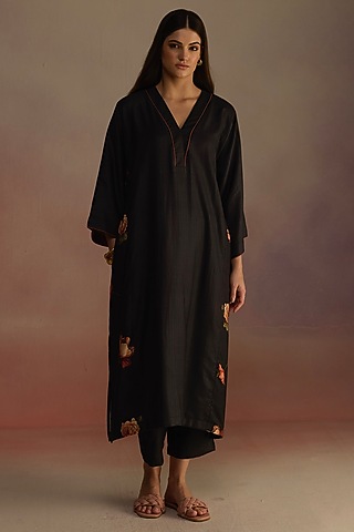 Charcoal Silk Wool Watercolor Hand-Drawn Floral Printed A-line Kurta Set by Roza Pret