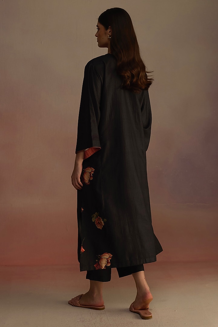 Charcoal Silk Wool Watercolor Hand-Drawn Floral Printed A-line Kurta Set by Roza Pret at Pernia's Pop Up Shop