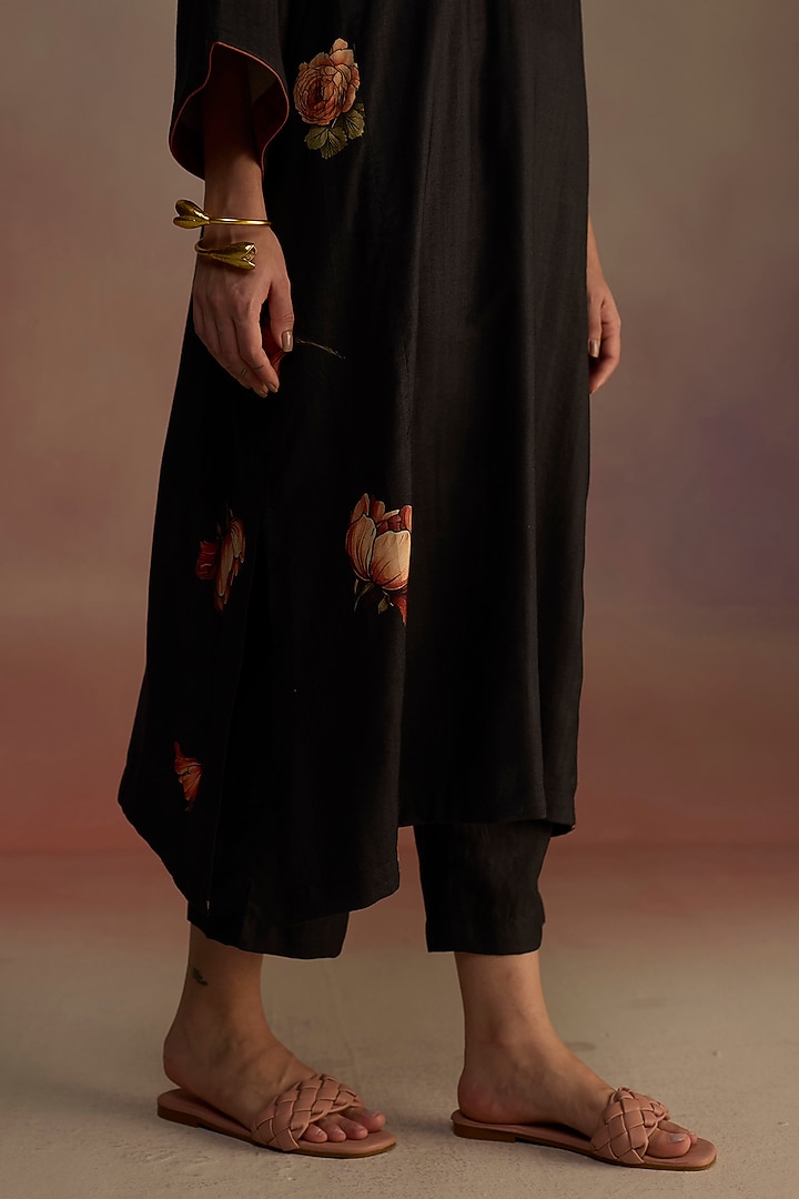 Charcoal Silk Wool Watercolor Hand-Drawn Floral Printed A-line Kurta Set by Roza Pret at Pernia's Pop Up Shop