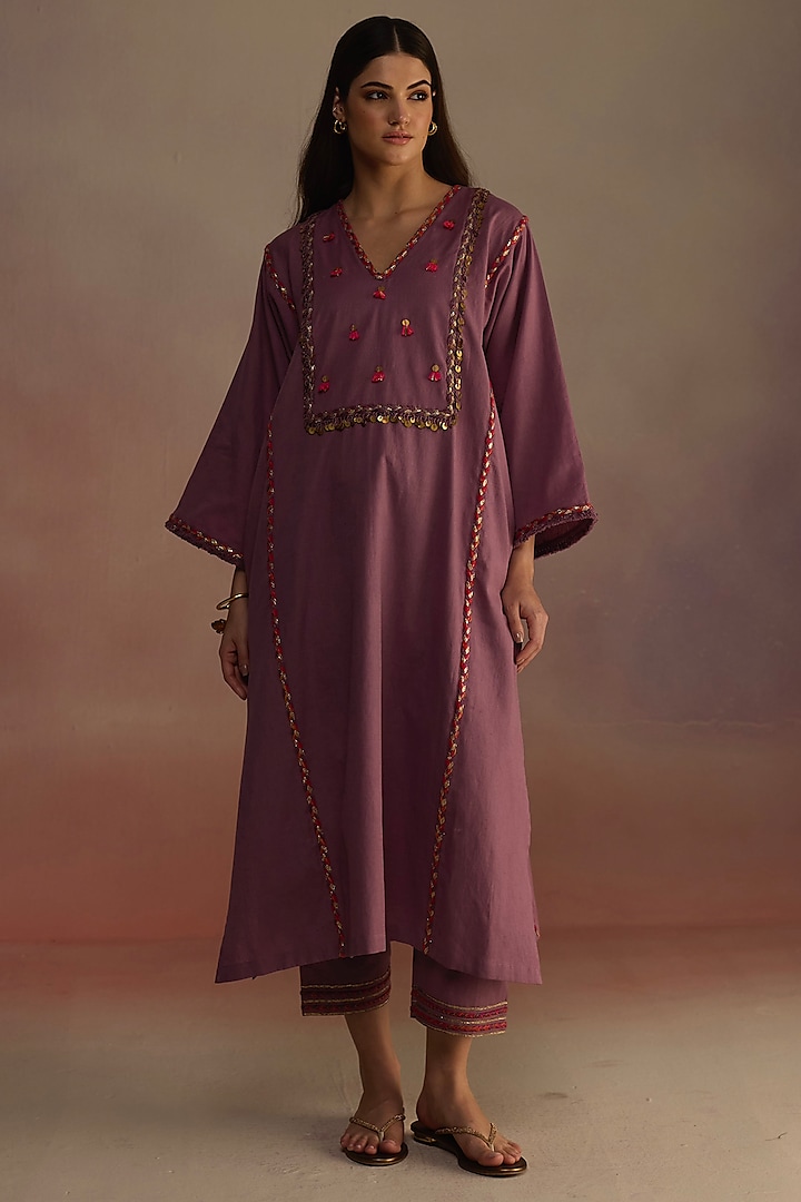 Purple Linen Gota Work Kurta Set by Roza Pret at Pernia's Pop Up Shop