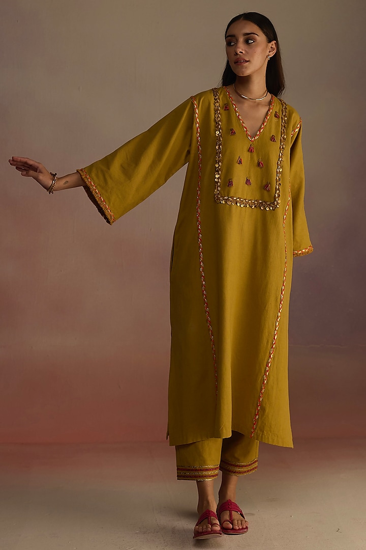 Mustard Linen Gota Work Kurta Set by Roza Pret at Pernia's Pop Up Shop