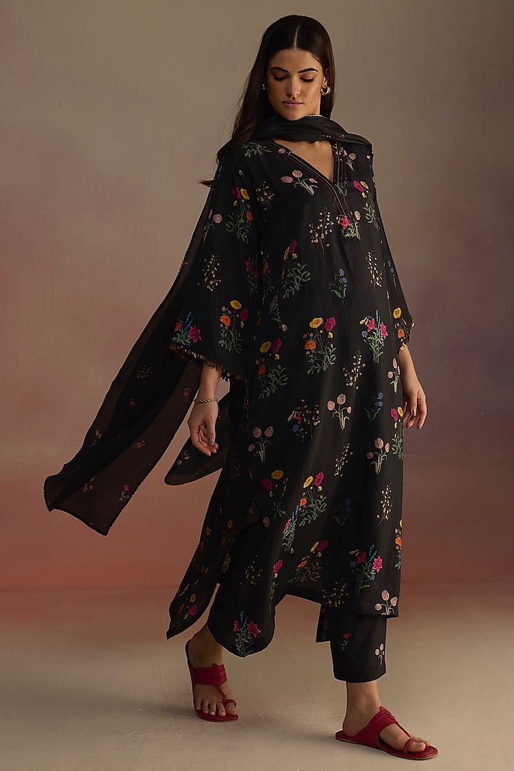 Black Habutai Silk Hand-Drawn Watercolor Floral Printed Stole by Roza Pret at Pernia's Pop Up Shop