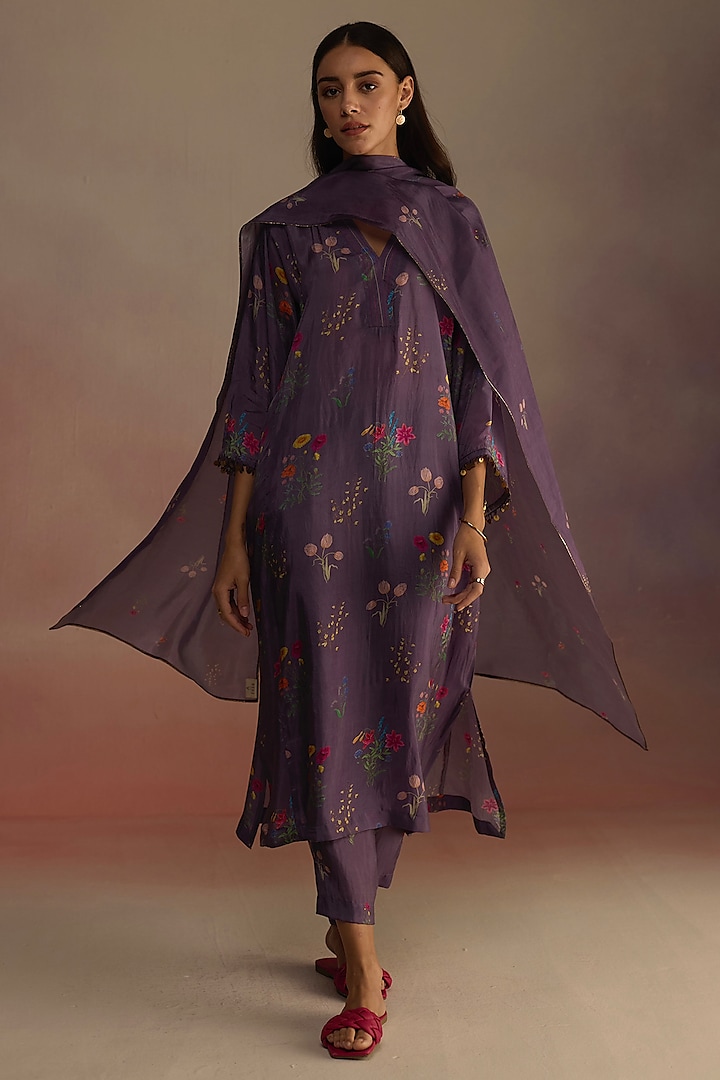 Purple Habutai Silk Hand-Drawn Watercolor Floral Printed Stole by Roza Pret at Pernia's Pop Up Shop