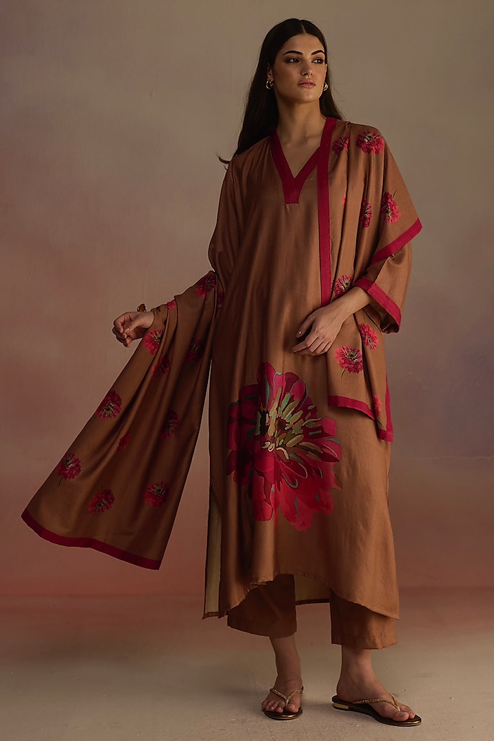 Brown Silk Wool Hand-Drawn Watercolor Floral Printed Stole by Roza Pret at Pernia's Pop Up Shop