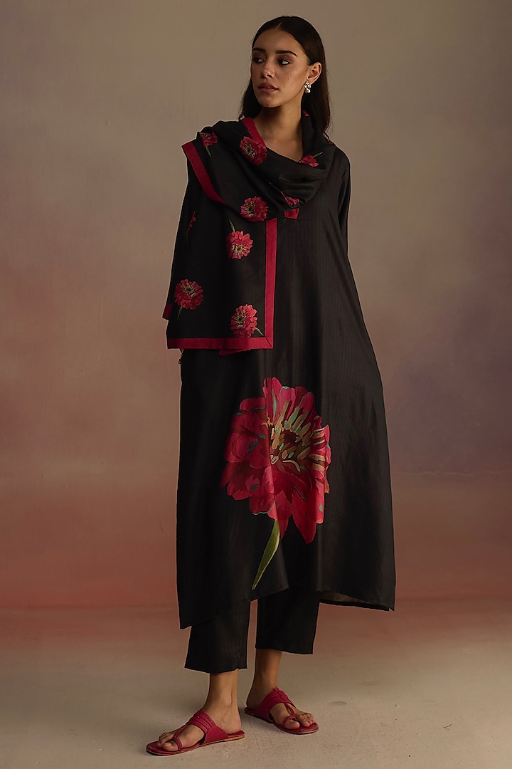 Black Silk Wool Hand-Drawn Watercolor Floral Printed Stole by Roza Pret at Pernia's Pop Up Shop