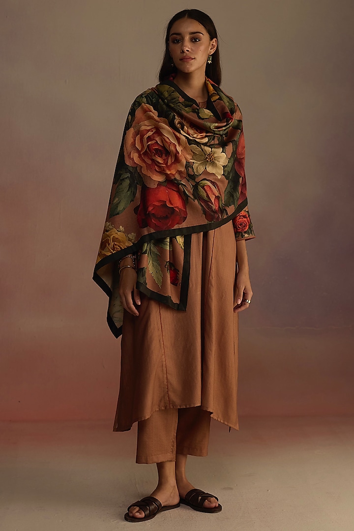 Brown Silk Wool Hand-Drawn Watercolor Printed Stole by Roza Pret at Pernia's Pop Up Shop