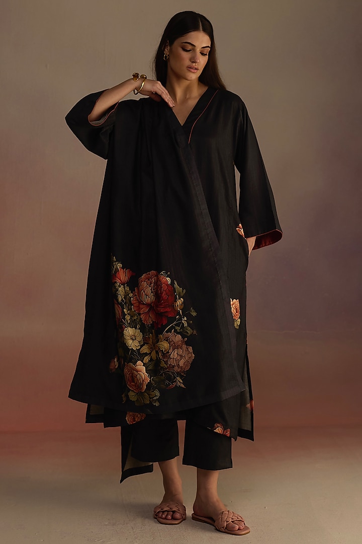 Charcoal Silk Wool Hand-Drawn Watercolor Floral Printed Stole by Roza Pret at Pernia's Pop Up Shop