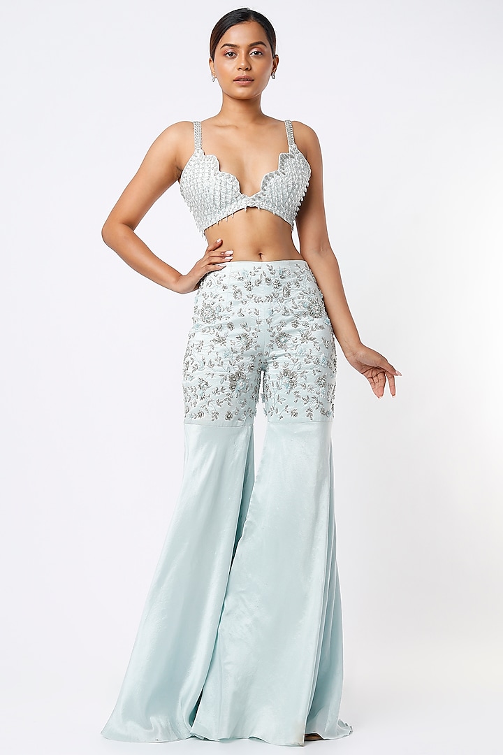 Ice Blue Hand Embroidered Palazzo Pant Set by Rozina