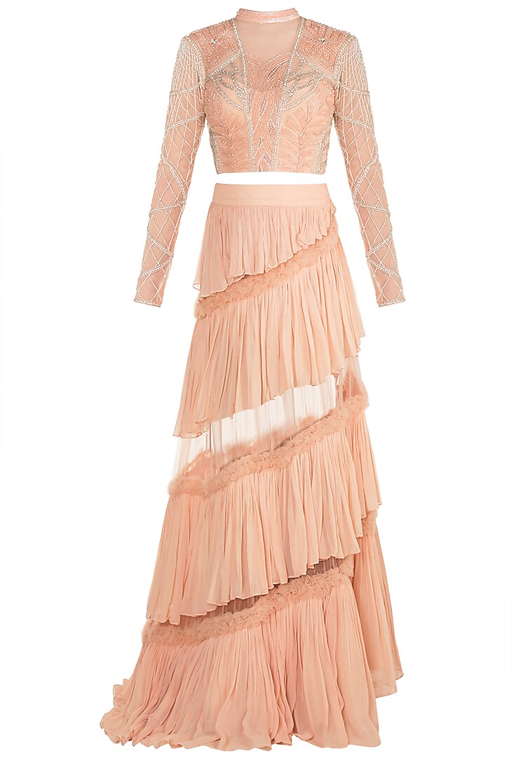 Peach Embroidered Blouse & Skirt by Rozina at Pernia's Pop Up Shop