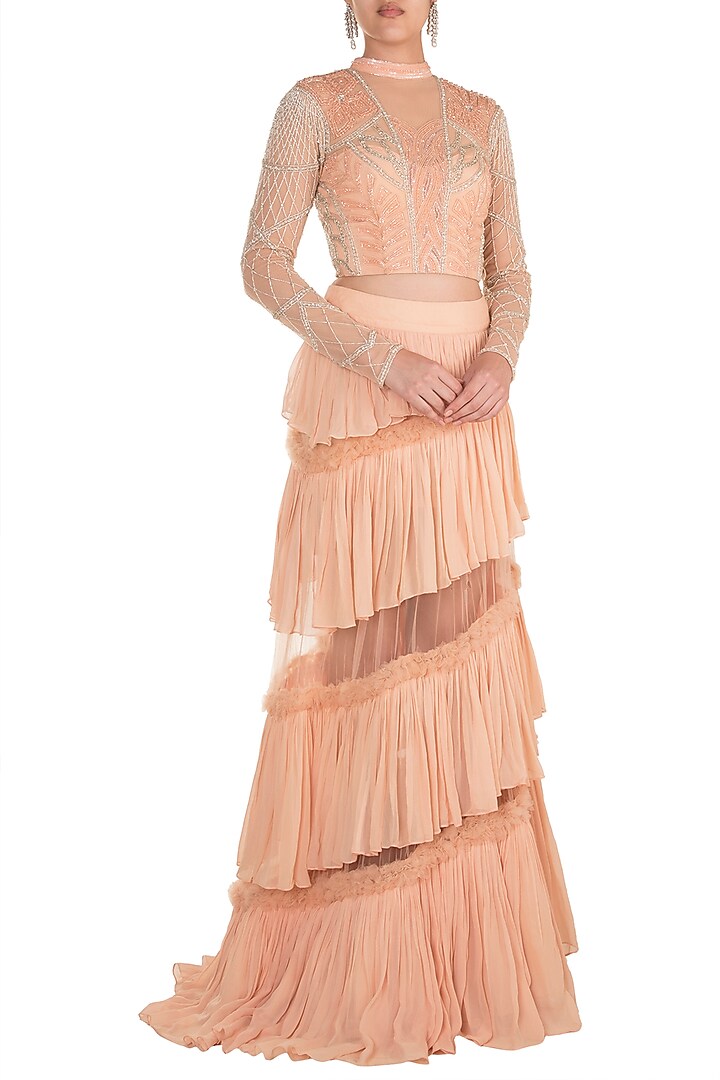 Peach Embroidered Blouse & Skirt by Rozina at Pernia's Pop Up Shop