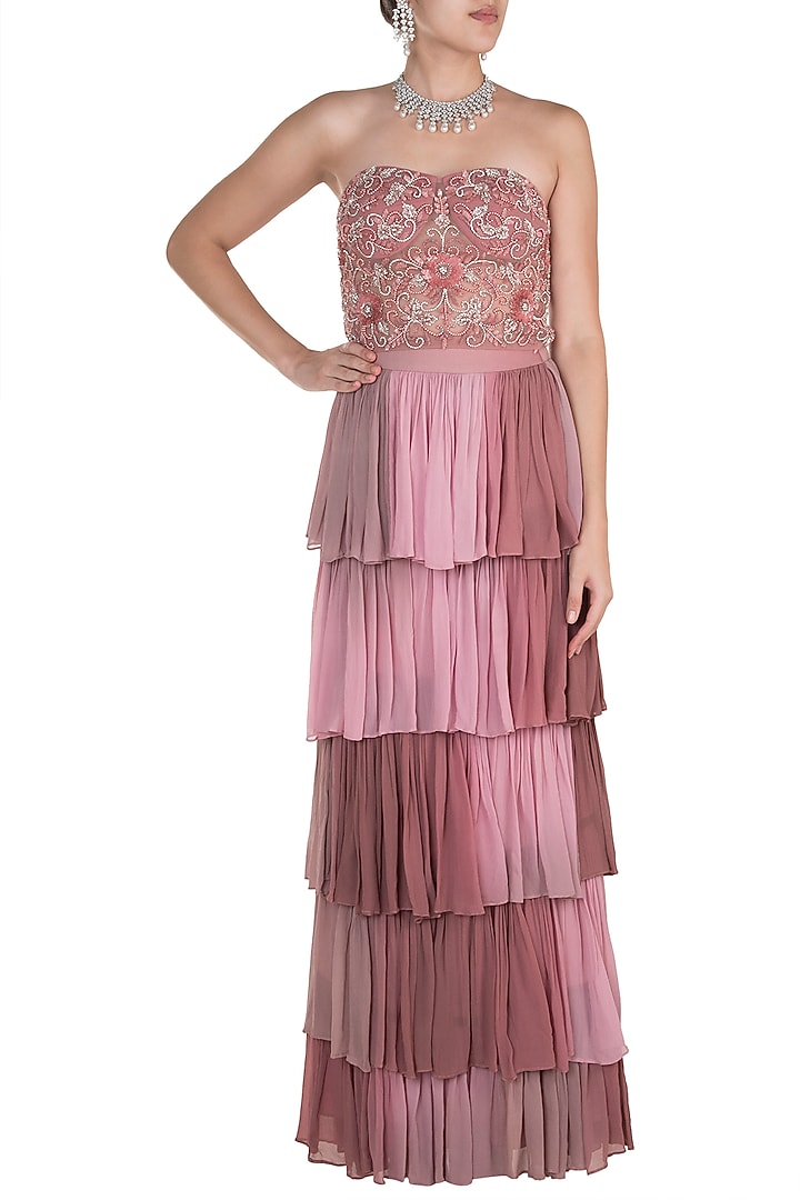 Rose Pink Embroidered Corset With Layered Skirt by Rozina at Pernia's Pop Up Shop