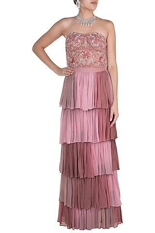 Rose Pink Embroidered Corset With Layered Skirt by Rozina