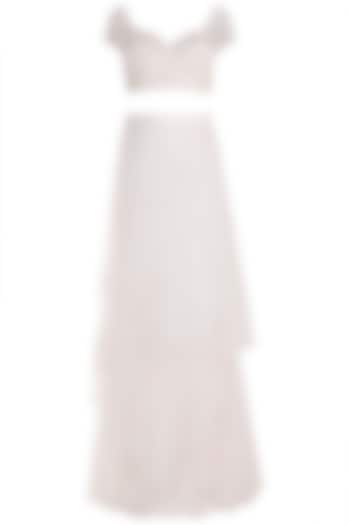 White Embellished Blouse With Layered Skirt by Rozina