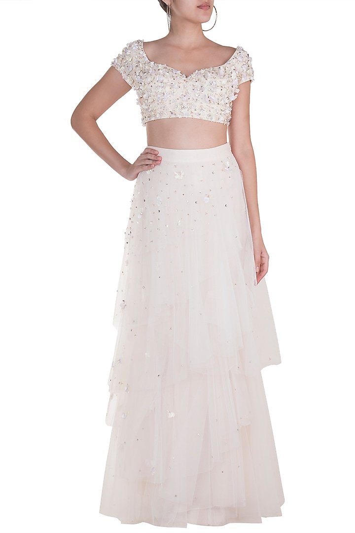 White Embellished Blouse With Layered Skirt by Rozina at Pernia's Pop Up Shop