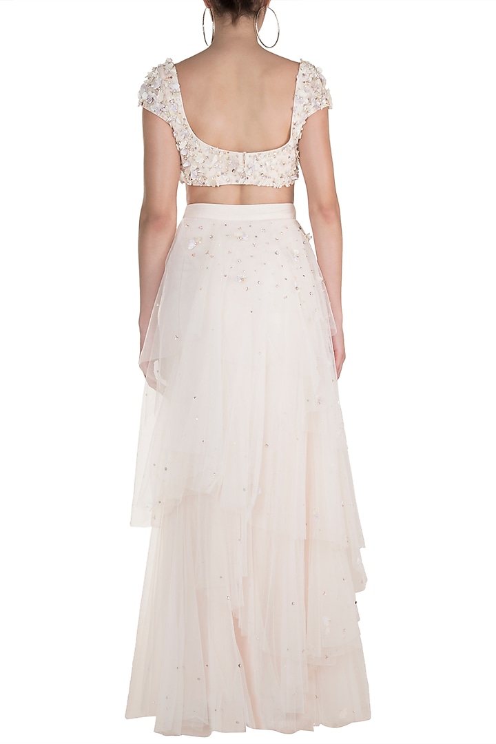 White Embellished Blouse With Layered Skirt by Rozina at Pernia's Pop Up Shop