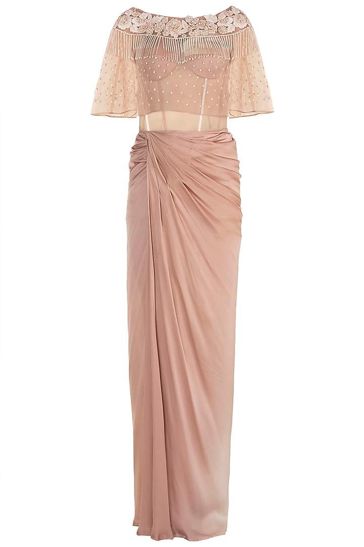 Beige Corset Gown With Embroidered Cape by Rozina