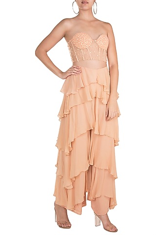 Peach Hand Embroidered Corset With Layered Pants by Rozina