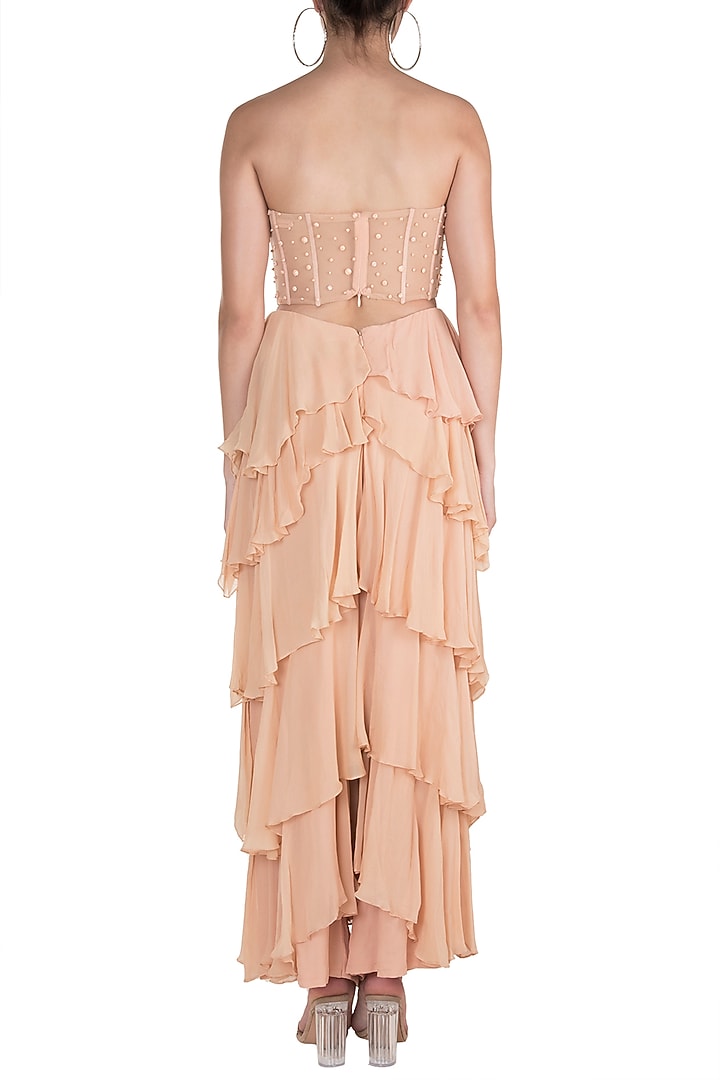 Peach Hand Embroidered Corset With Layered Pants by Rozina at Pernia's Pop Up Shop