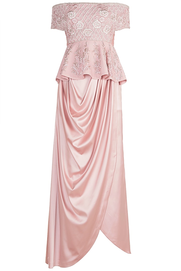 Tea Pink Embroidered Peplum Top With Cowl Skirt by Rozina