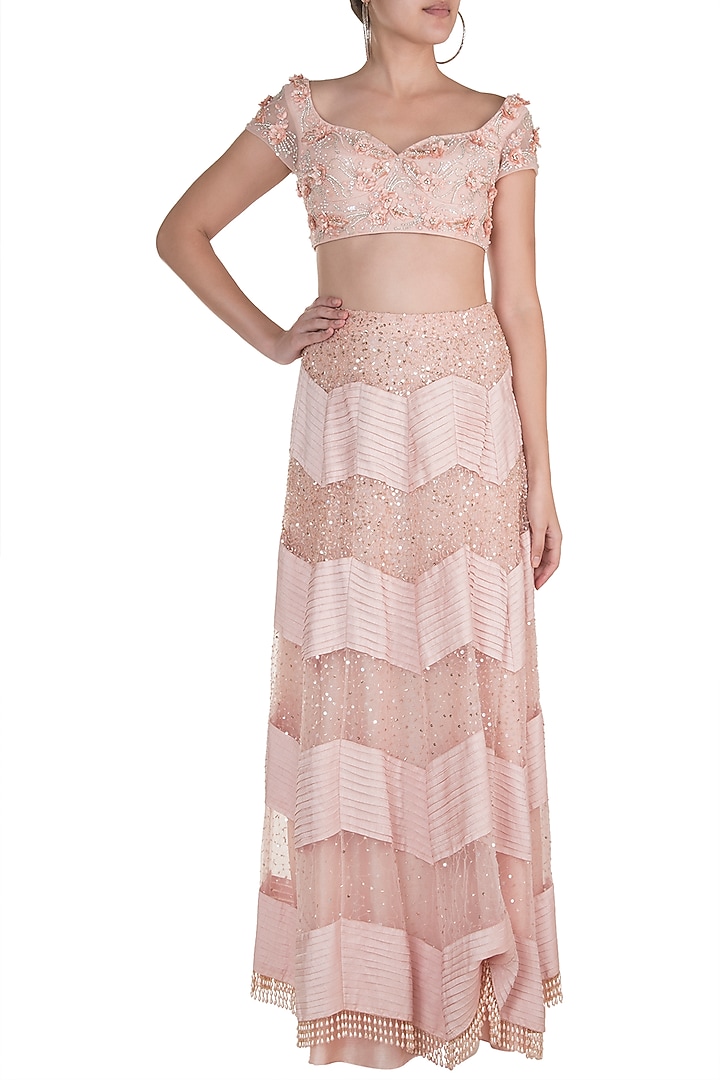 Peach Embroidered Skirt With Blouse by Rozina at Pernia's Pop Up Shop