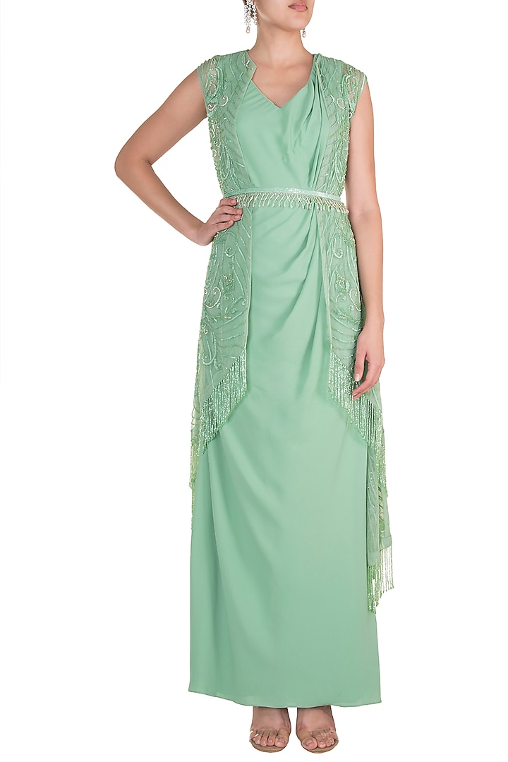 Green Wedding Gown With Belt & Embroidered Jacket by Rozina at Pernia's Pop Up Shop