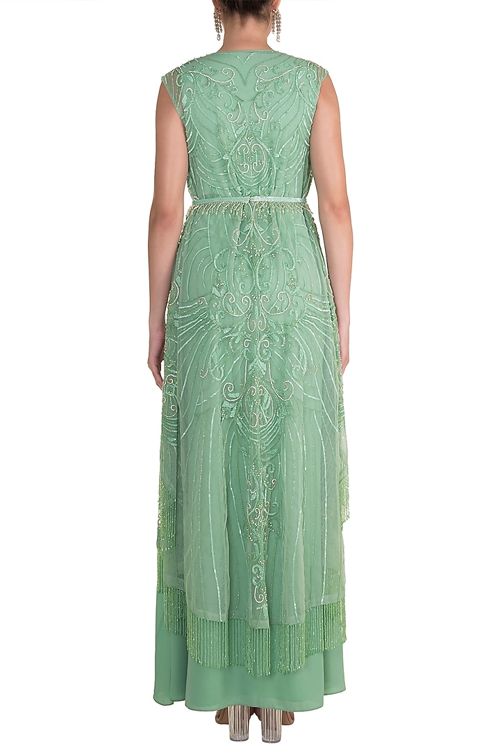 Green Wedding Gown With Belt & Embroidered Jacket by Rozina at Pernia's Pop Up Shop