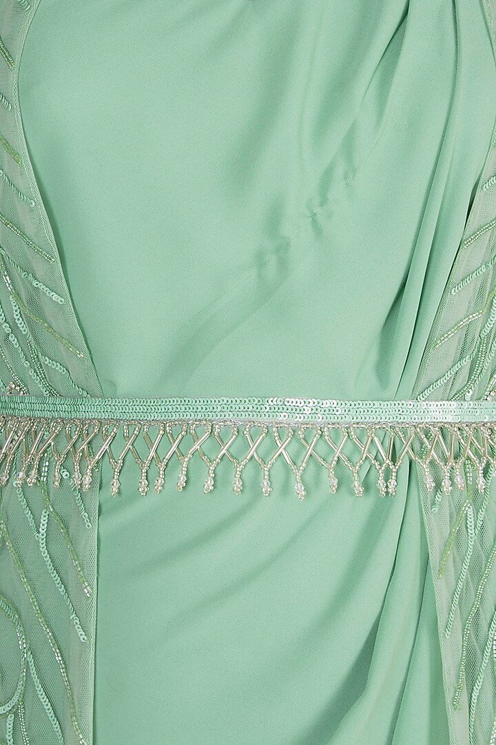 Green Wedding Gown With Belt & Embroidered Jacket by Rozina at Pernia's Pop Up Shop