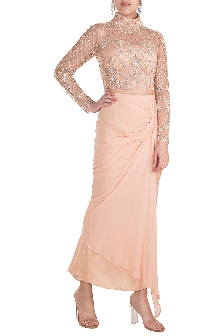Peach Embroidered Blouse With Knotted Skirt by Rozina at Pernia's Pop Up Shop
