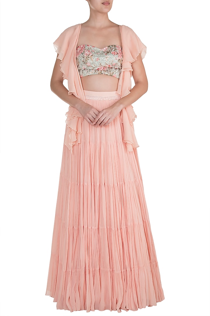 Pistachio Green & Peach Printed Embroidered Wedding Lehenga Set by Rozina at Pernia's Pop Up Shop