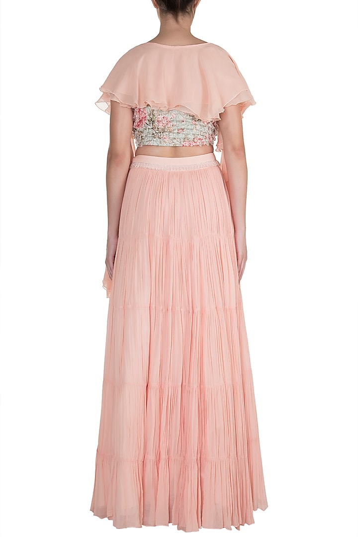 Pistachio Green & Peach Printed Embroidered Wedding Lehenga Set by Rozina at Pernia's Pop Up Shop