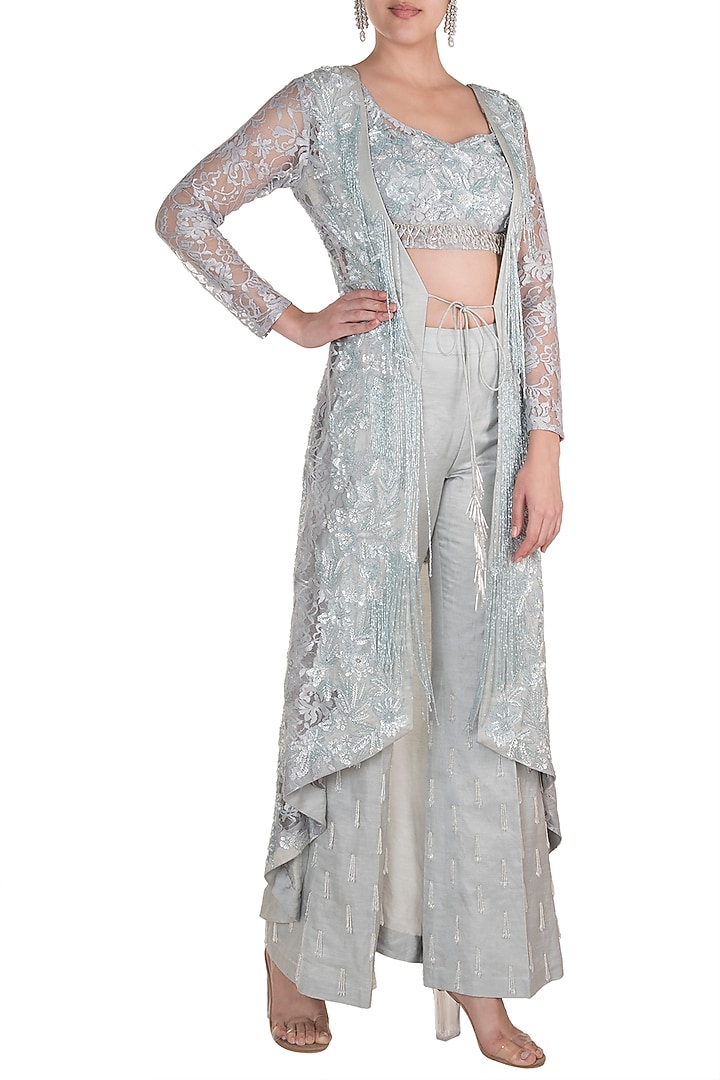 Grey Embroidered Blouse With Pants & Jacket by Rozina at Pernia's Pop Up Shop