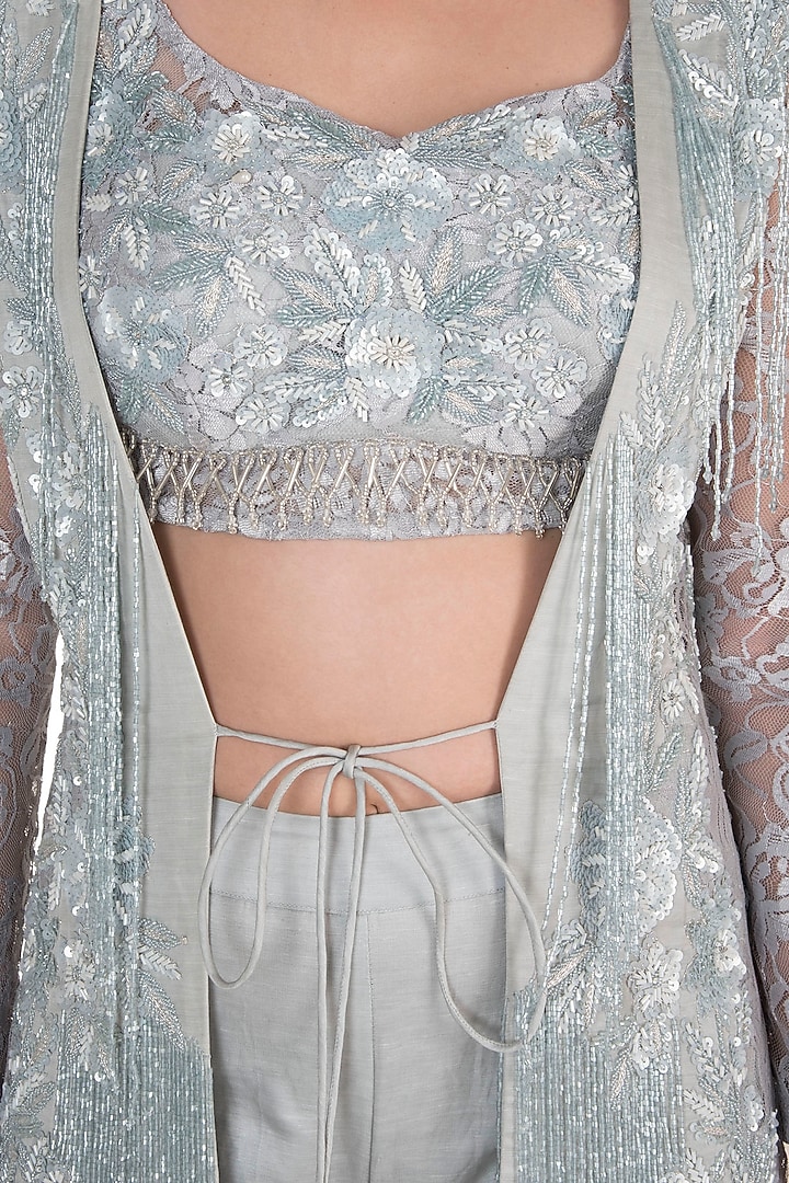 Grey Embroidered Blouse With Pants & Jacket by Rozina at Pernia's Pop Up Shop