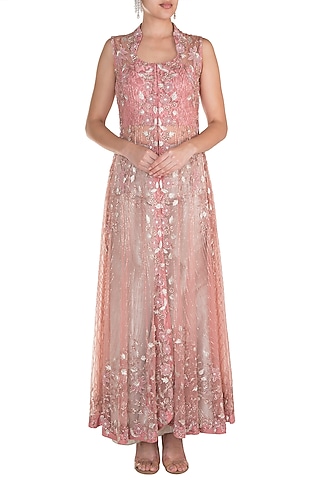Pink Embroidered Jacket With Silver Palazzo Pants by Rozina