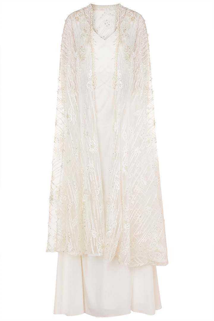 Off White Gown With Belt & Embroidered Cape by Rozina