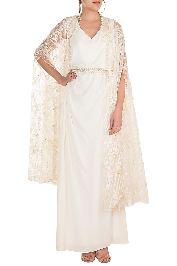 Off White Engagement Gown With Belt & Embroidered Cape by Rozina at Pernia's Pop Up Shop