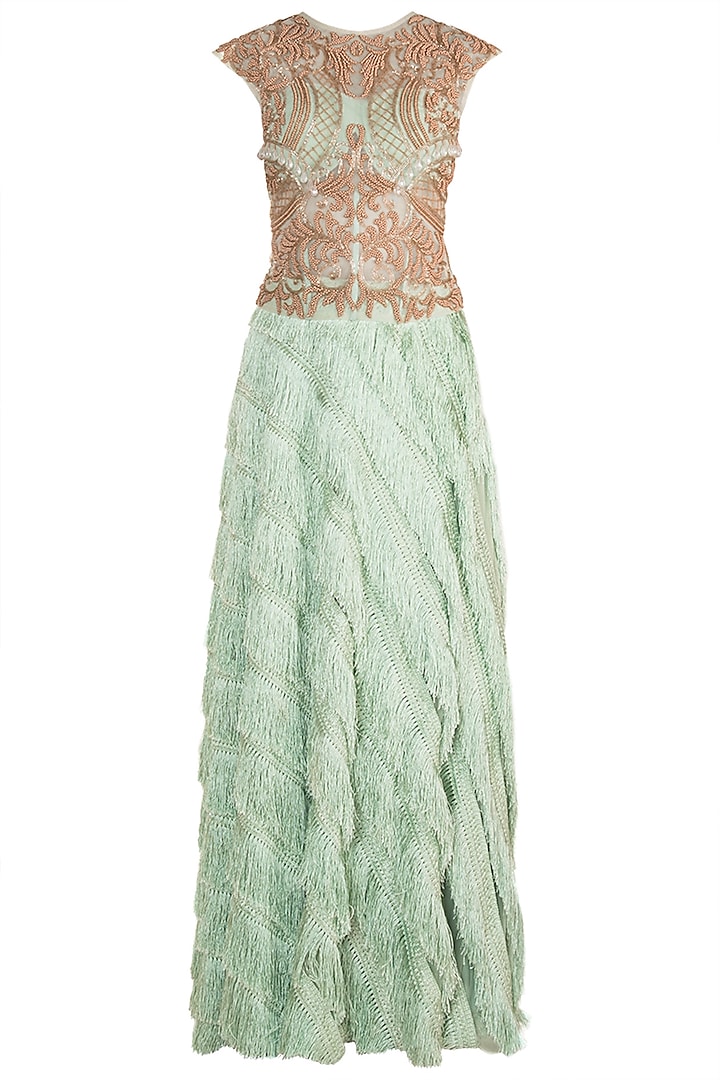 Mint Green Embroidered Blouse With Tassel Skirt by Rozina