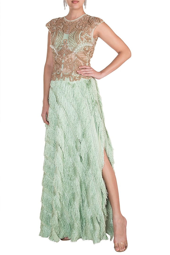 Mint Green Embroidered Blouse With Tassel Skirt by Rozina at Pernia's Pop Up Shop