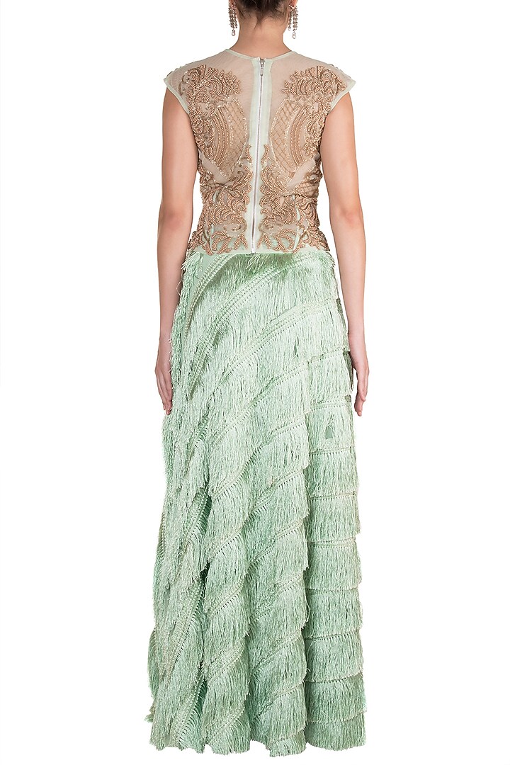 Mint Green Embroidered Blouse With Tassel Skirt by Rozina at Pernia's Pop Up Shop