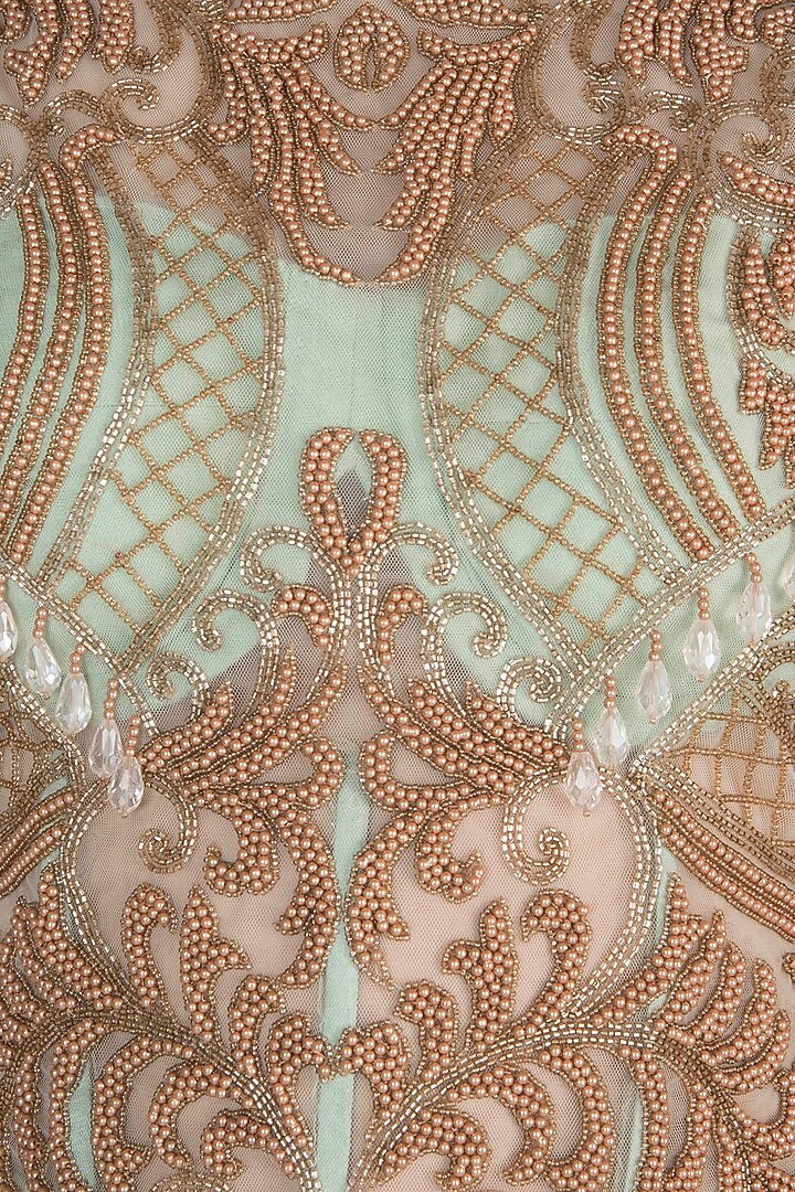 Mint Green Embroidered Blouse With Tassel Skirt by Rozina at Pernia's Pop Up Shop