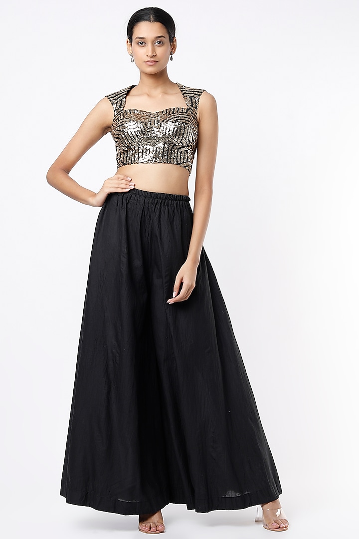 Black Cotton Mulmul Palazzo Pant Set by Rozina