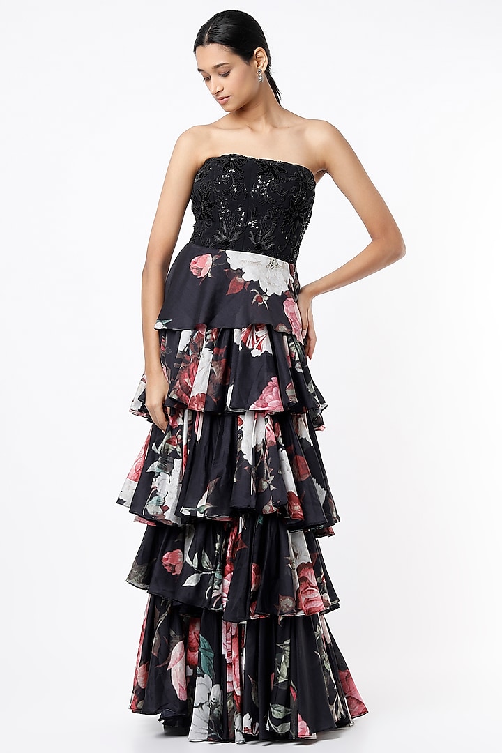 Black Floral Printed Skirt Set by Rozina