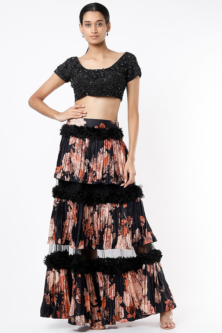 Black Floral Printed Layered Skirt Set by Rozina