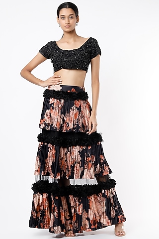 Black Floral Printed Layered Skirt Set by Rozina