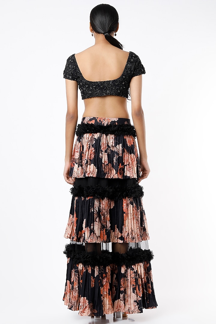 Black Floral Printed Layered Skirt Set by Rozina at Pernia's Pop Up Shop