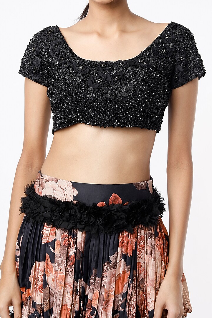 Black Floral Printed Layered Skirt Set by Rozina at Pernia's Pop Up Shop