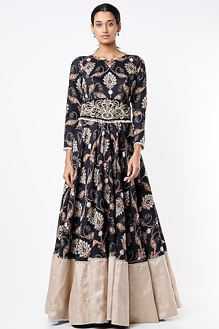 Black Printed Anarkali by Rozina