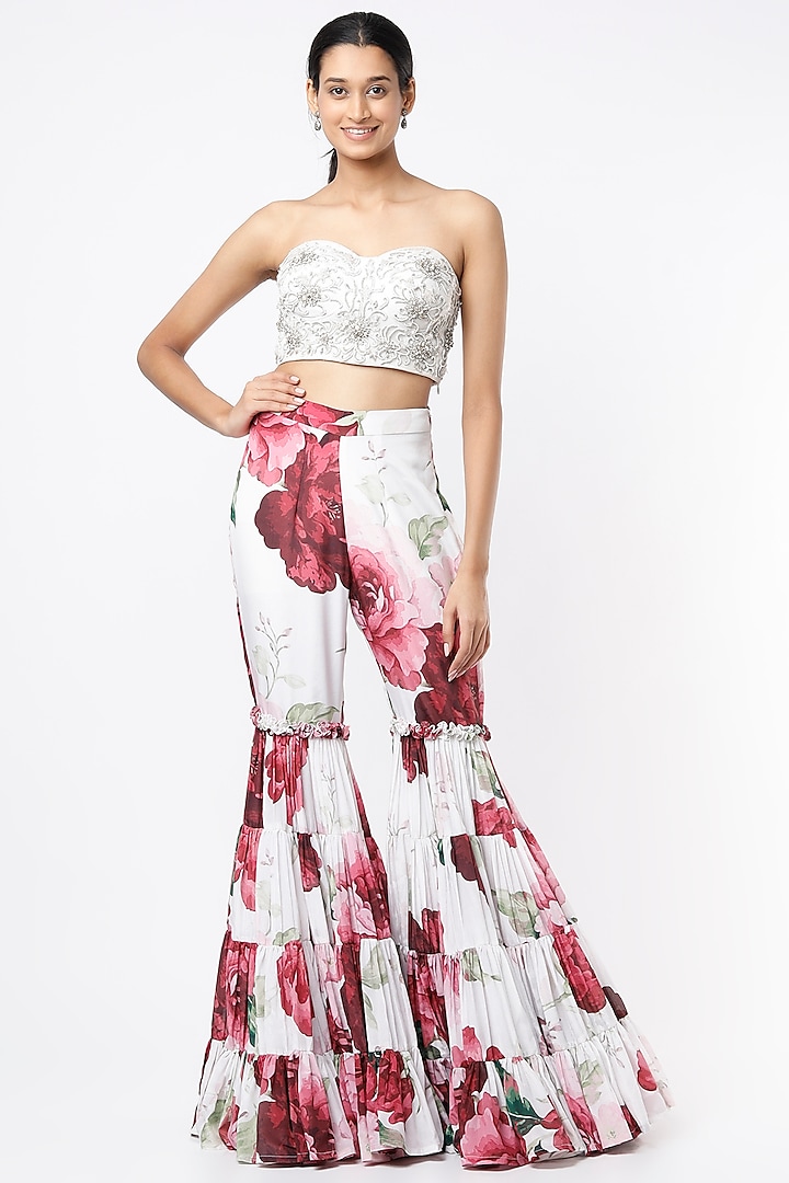 White Floral Printed Palazzo Pant Set by Rozina